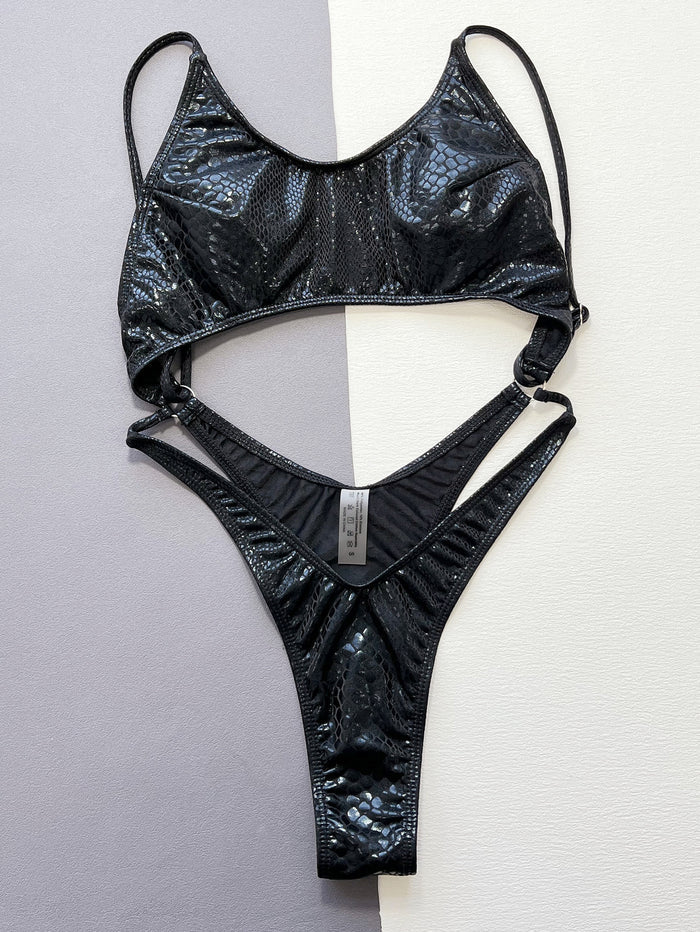 Snake Print Faux Leather Backless One Piece