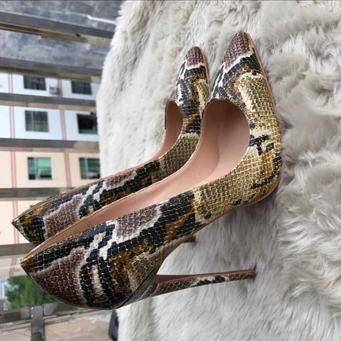Stylish snake print heels for women featuring a sleek design and high stiletto heel