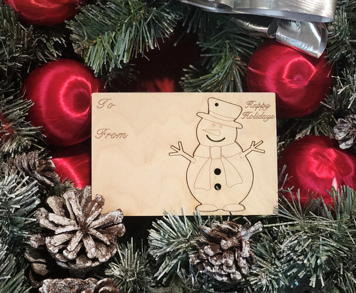 Snowman holiday card — card with pop-out wood snowman ornament, made in USA