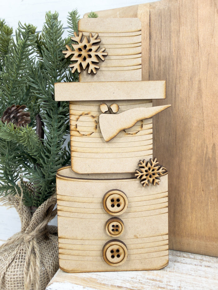 Snowman Wood Tin Cans Stacked Shelf Sitter DIY Kit