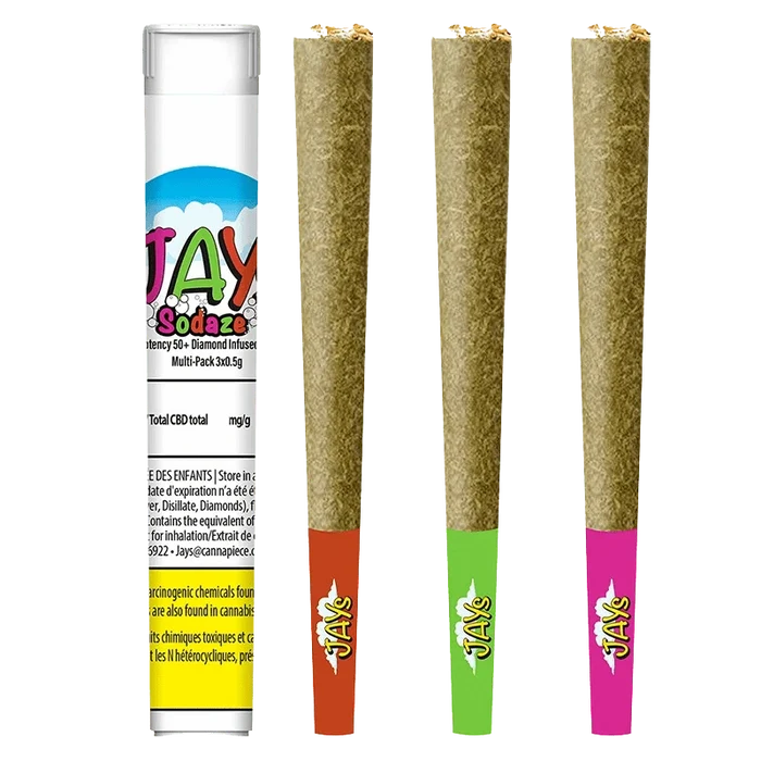 A slightly angled studio shot of the Sodaze High Potency 50+ Diamond Multi Pack Infused Pre Rolled 3 x 0.5 g, showcasing its colorful packaging.
