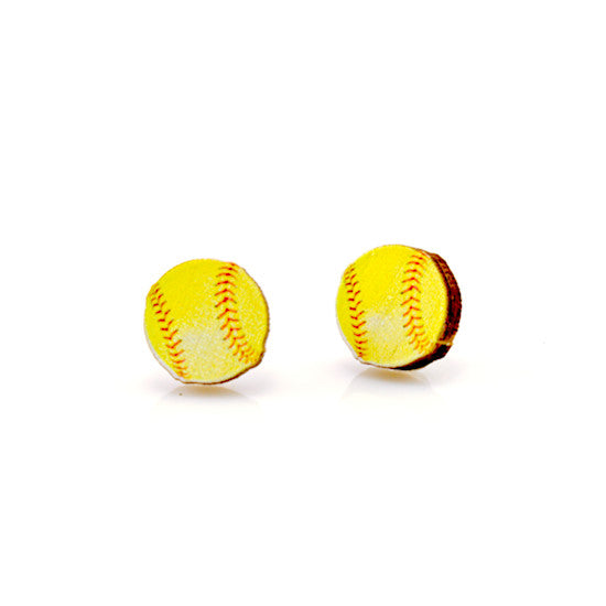 Softball stud earrings with seam stitching, eco-friendly jewelry made in USA