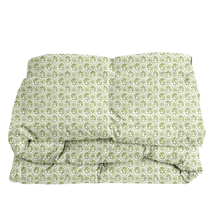 Sophie Comforter — Eloise colorway shown as a folded comforter mockup with a pale-ground repeating motif; Wheaton Whaley Home