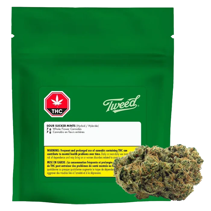 Green resealable pouch seen from the front with a white label and a cannabis bud beside it, showing the Tweed Sour Sucker Mints branding.