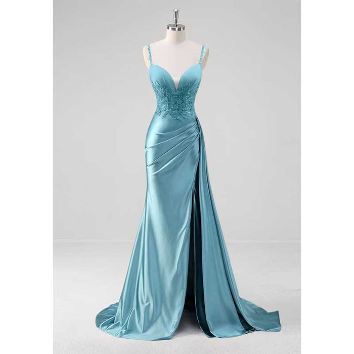 Spaghetti Strap Satin Prom Dresses Lace Appliques Pleated Mermaid Long Wedding Gown