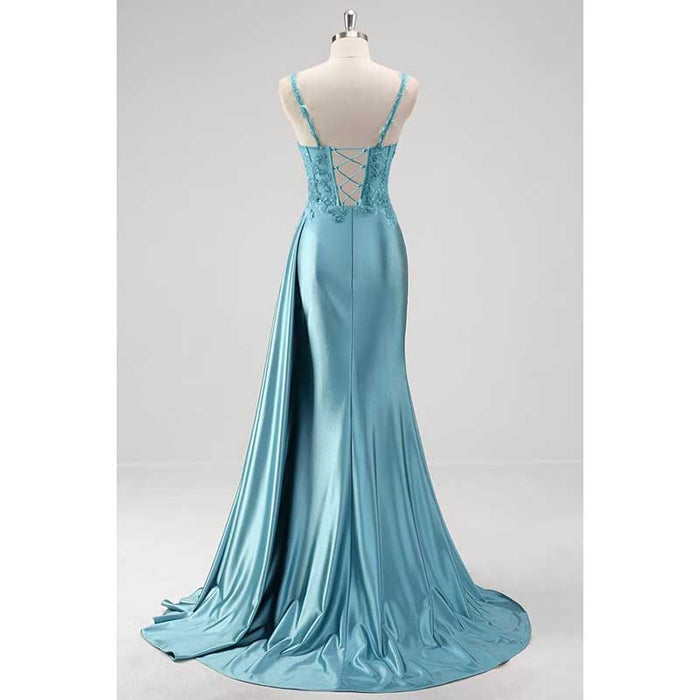 Spaghetti Strap Satin Prom Dresses Lace Appliques Pleated Mermaid Long Wedding Gown