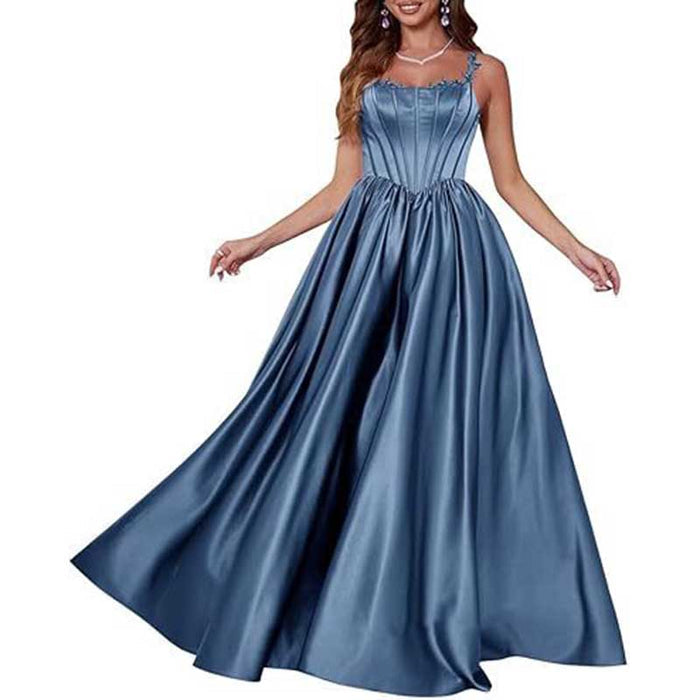 Spaghetti Straps Wedding Ball Gown Appliques Satin Prom Dress