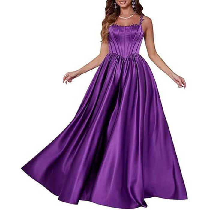 Spaghetti Straps Wedding Ball Gown Appliques Satin Prom Dress