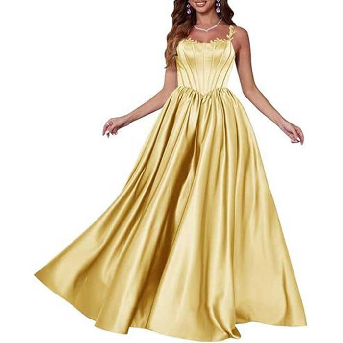 Spaghetti Straps Wedding Ball Gown Appliques Satin Prom Dress