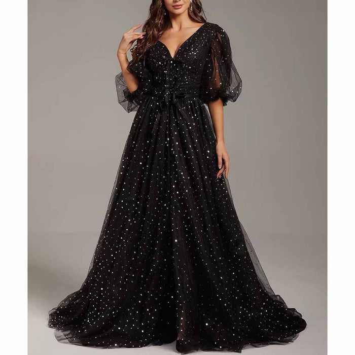 Sparkle Tulle Prom Dresses Puffy Sleeve Slit Formal Evening Party Gowns