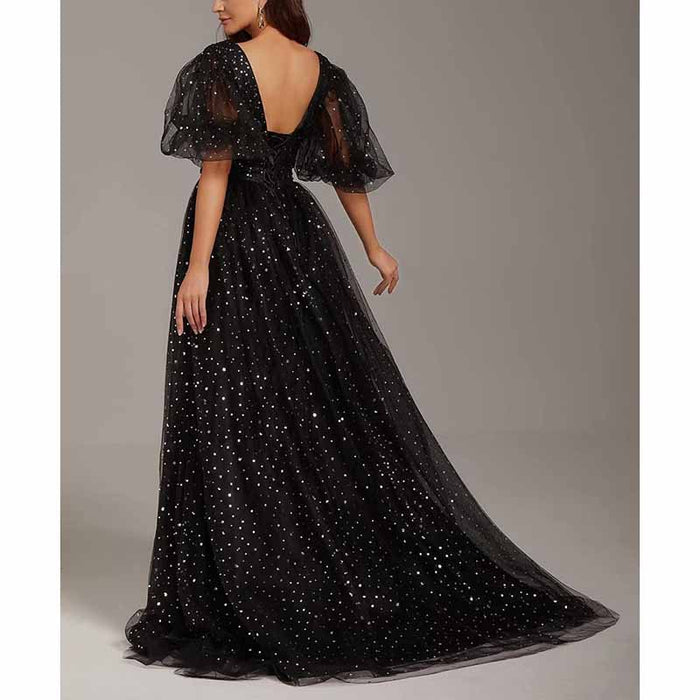 Sparkle Tulle Prom Dresses Puffy Sleeve Slit Formal Evening Party Gowns