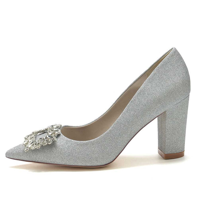 Silver sparkly buckle party shoes for women with a stylish block heel design