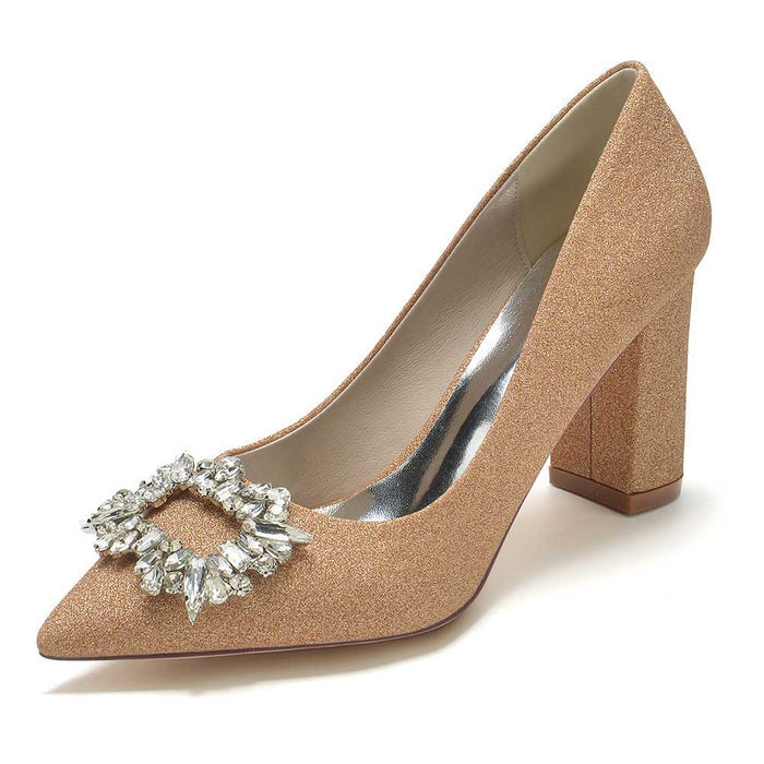 S&DCo. sparkly buckle party shoes for women with a glittery finish and elegant heel design