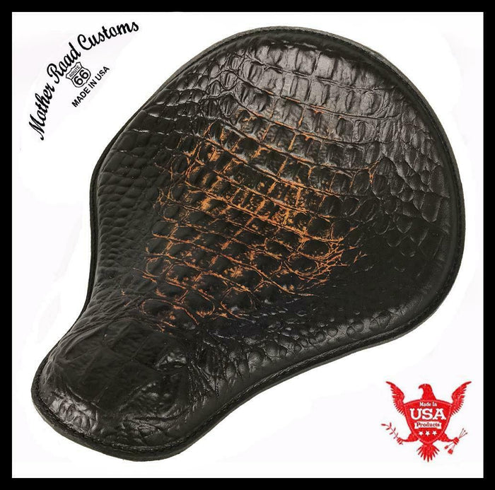 Spring Solo Seat Chopper Harley Sportster 13x15" Almost Black Alligator - Mother Road Customs