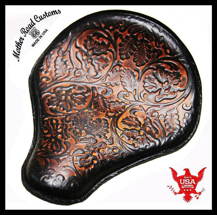 Spring Solo Seat Chopper Sportster Harley Chopper 13x15" AntBrn Tooled Oak Leaf - Mother Road Customs