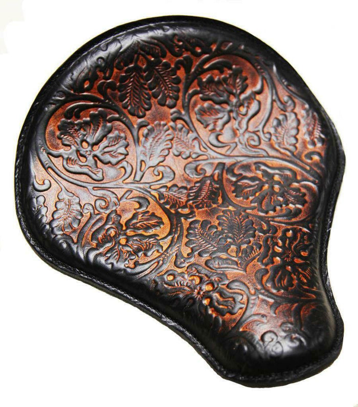 Spring Solo Seat Chopper Sportster Harley Chopper 13x15" AntBrn Tooled Oak Leaf - Mother Road Customs