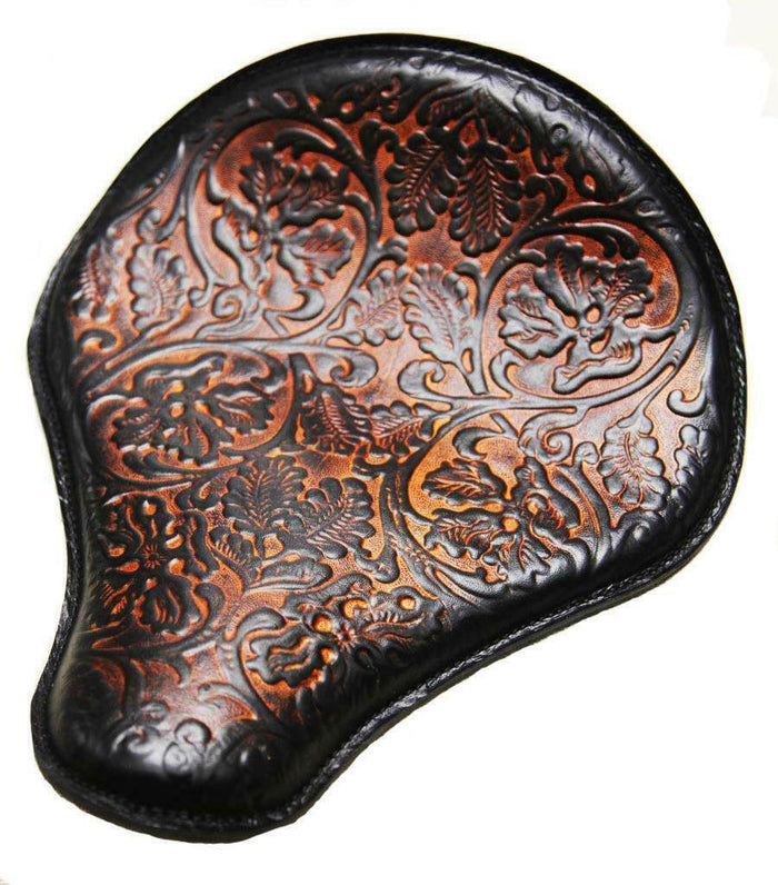 Spring Solo Seat Chopper Sportster Harley Chopper 13x15" AntBrn Tooled Oak Leaf - Mother Road Customs