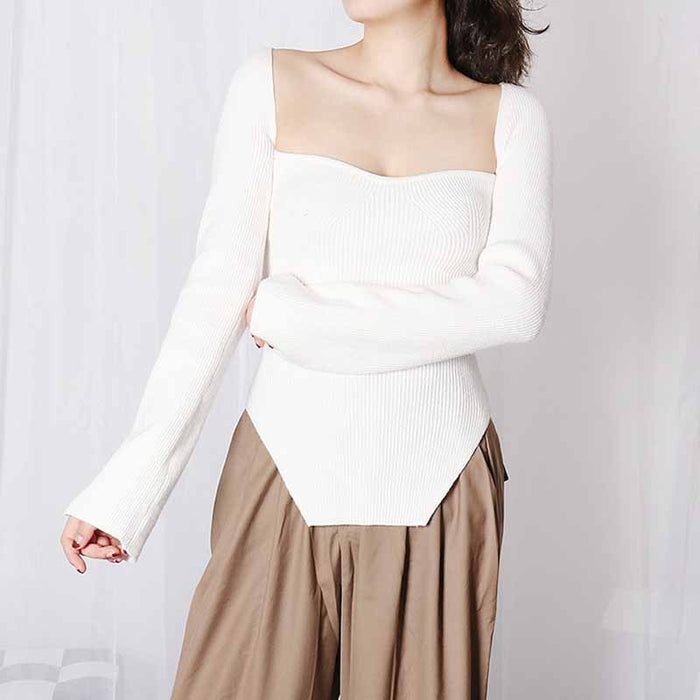 Square Neck Ribbed Knitted Sweater Long Sleeve Slim Fitted Tops