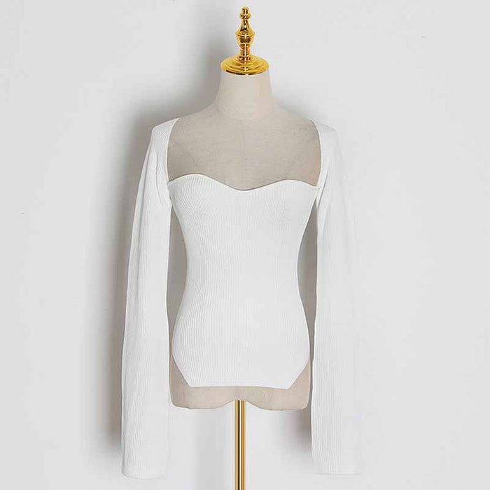 Square Neck Ribbed Knitted Sweater Long Sleeve Slim Fitted Tops