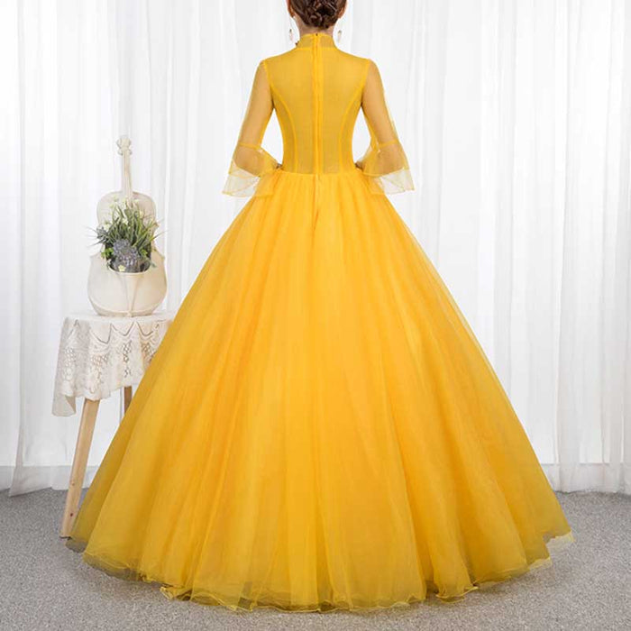 Standard Collar Yellow Tulle Ball Gown Dress With Sleeves
