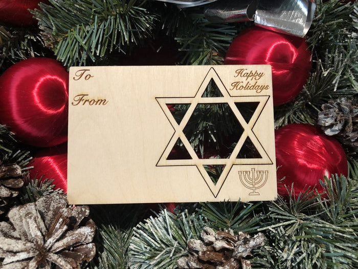 Star of David holiday card — card with pop-out wood Star of David ornament, made in USA