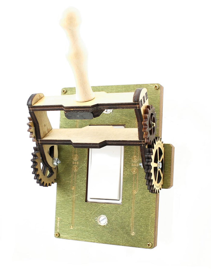 Steampunk rocker throw switch plate 8101C — knife switch style cover with moving gears, made in USA
