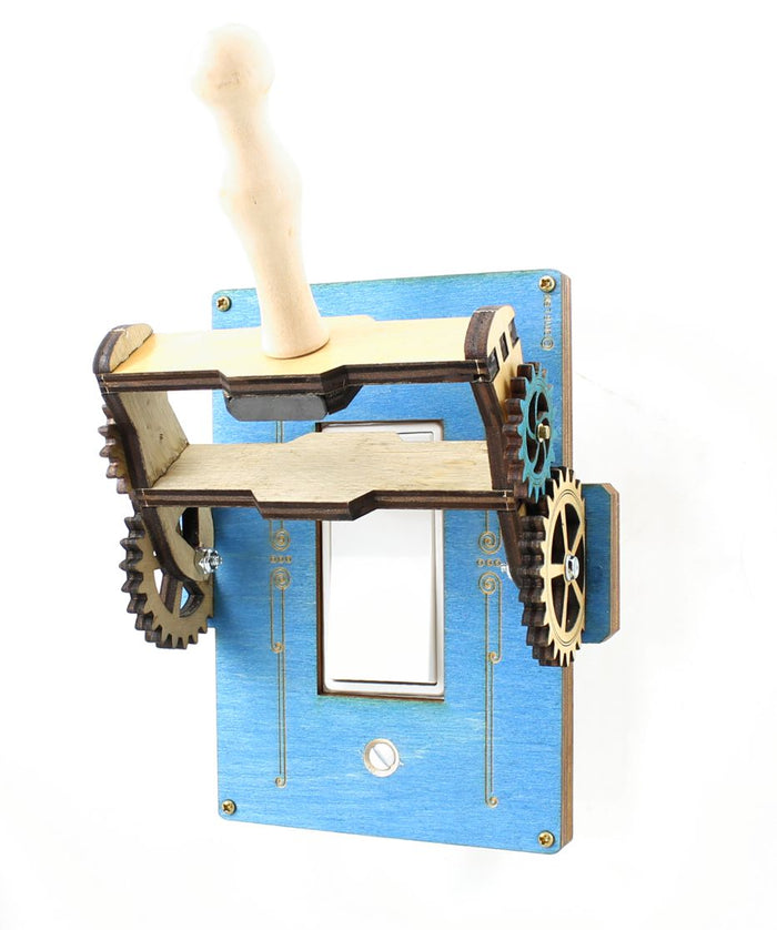 Steampunk rocker throw switch plate 8101D — knife switch style cover with moving gears, made in USA
