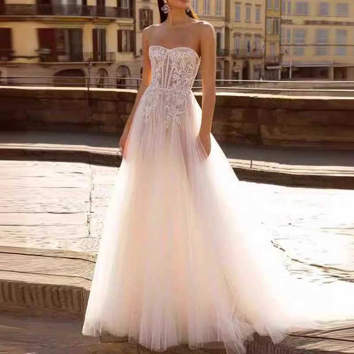 Strapless A Line Tulle Wedding Dress Bridal Gown