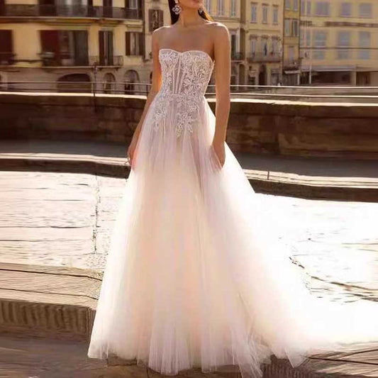 Strapless A Line Tulle Wedding Dress Bridal Gown