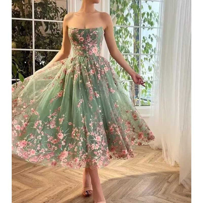Strapless Flower Tea Length Embroidered Tulle Lace Formal Dress Homecoming Dress