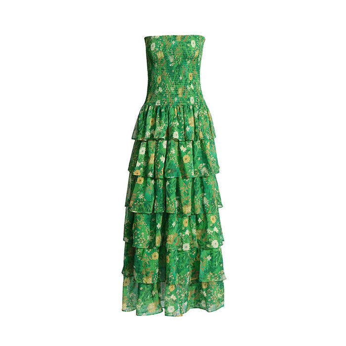 Strapless Layered Tiered Floral Print Dress Green Chic Dress