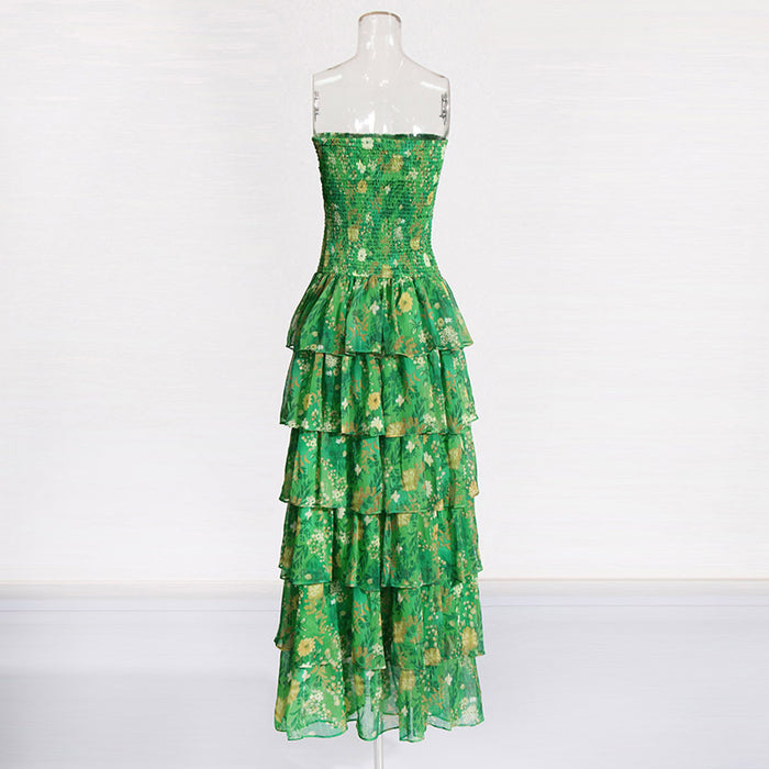 Strapless Layered Tiered Floral Print Dress Green Chic Dress