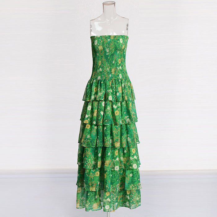 Strapless Layered Tiered Floral Print Dress Green Chic Dress