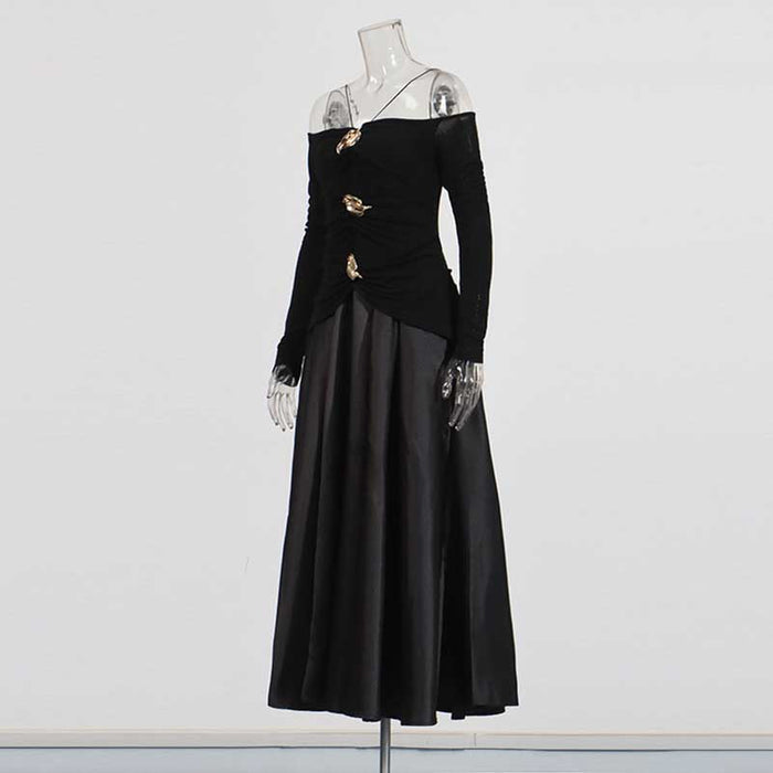Strapless Off-Shoulder A-Line long-sleeved Dress Pin-tucked Maxi Dress