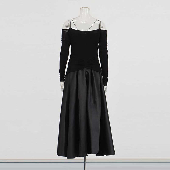 Strapless Off-Shoulder A-Line long-sleeved Dress Pin-tucked Maxi Dress
