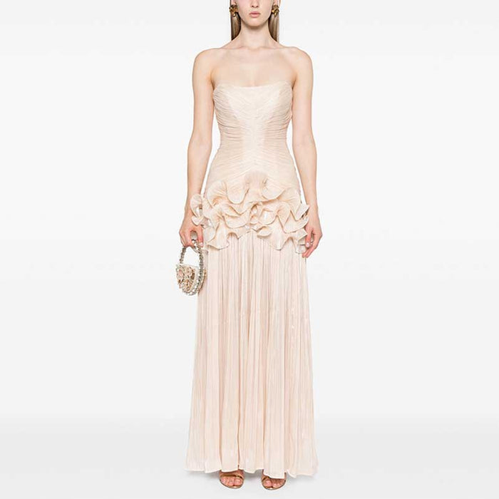 Strapless Ruched Ruffle Maxi Dress