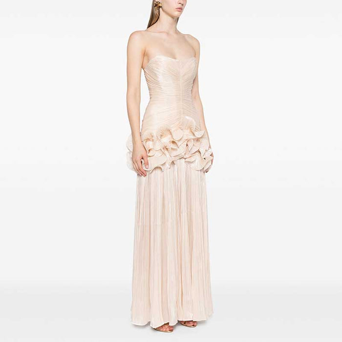 Strapless Ruched Ruffle Maxi Dress
