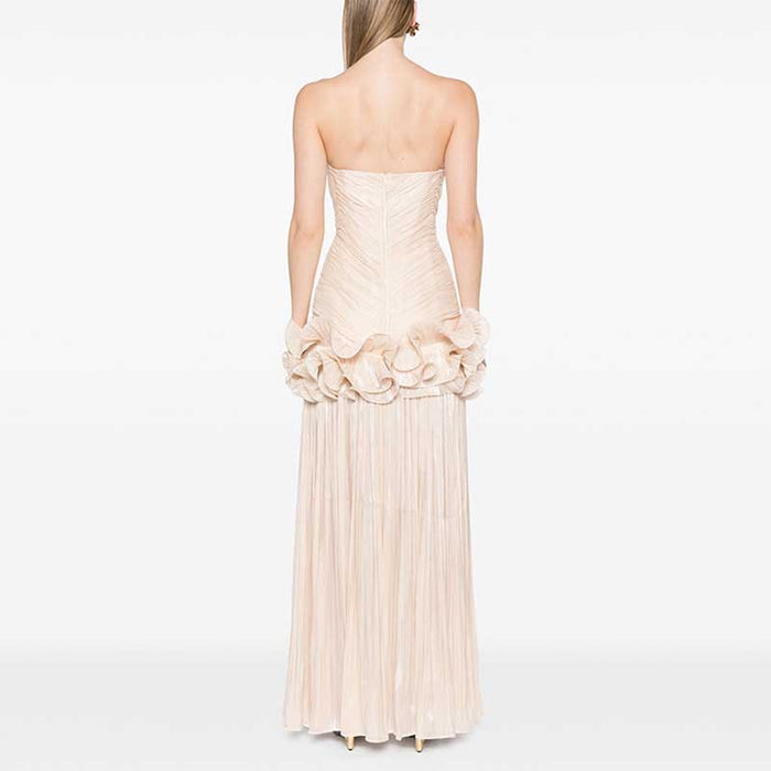Strapless Ruched Ruffle Maxi Dress