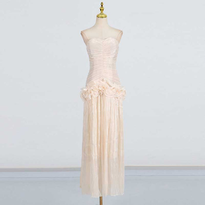 Strapless Ruched Ruffle Maxi Dress