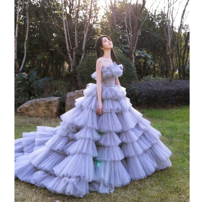 Strapless Tulle Ruffle Prom Dress with Layered Ball Gown With a flowing train