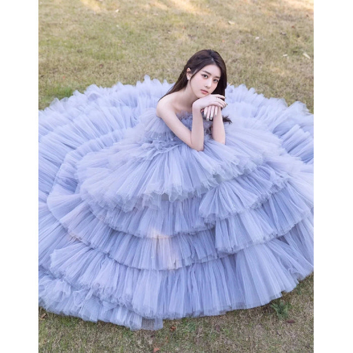 Strapless Tulle Ruffle Prom Dress with Layered Ball Gown With a flowing train