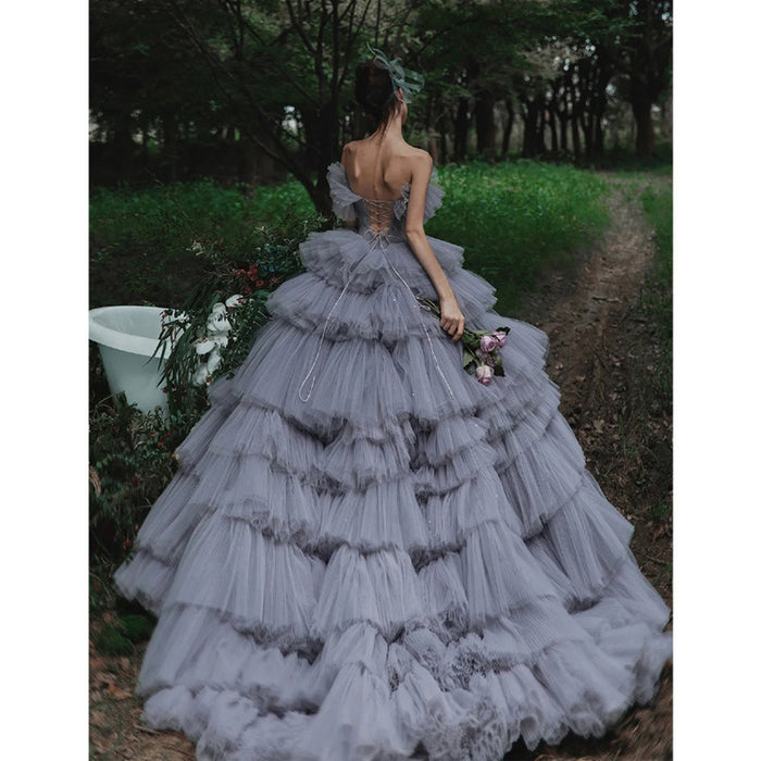 Strapless Tulle Ruffle Prom Dress with Layered Ball Gown With a flowing train