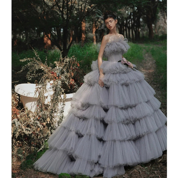 Strapless Tulle Ruffle Prom Dress with Layered Ball Gown With a flowing train