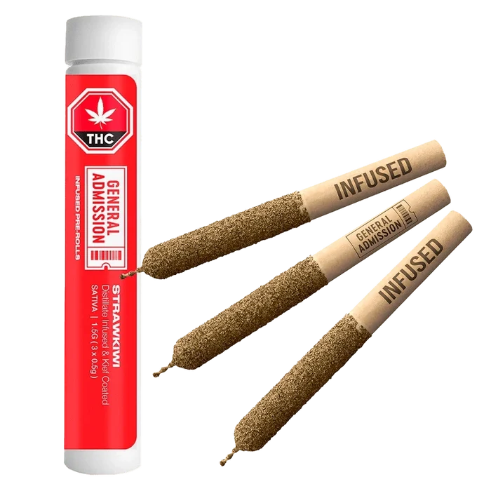 Close-up of the StrawKiwi Distillate Infused Pre Rolled 3 x 0.5 g pre-rolls with branding visible against a neutral background.