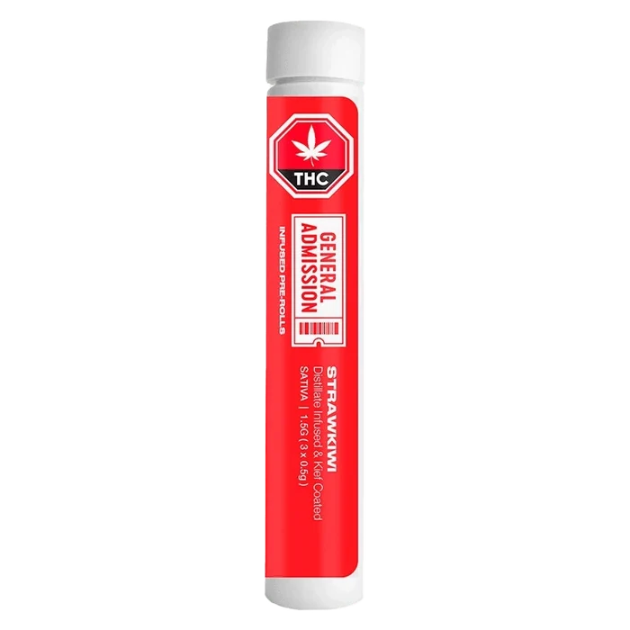 A close-up of the StrawKiwi Distillate Infused Pre Rolled 3 x 0.5 g packaging on a white background with green and gold labeling.