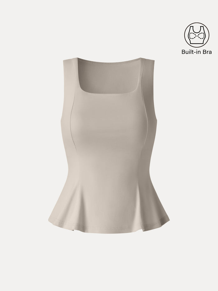 OGLmove Stretch Ponte Square Neck Peplum Bra Top Dove XS