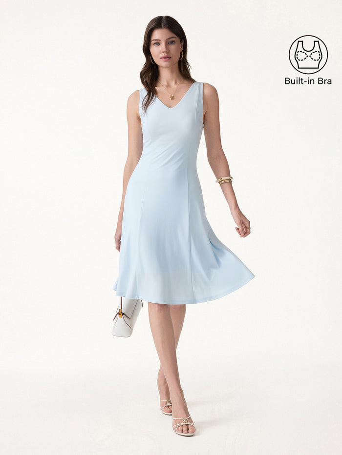 OGLmove Stretch Ponte V-Neck A-Line Midi Bra Dress