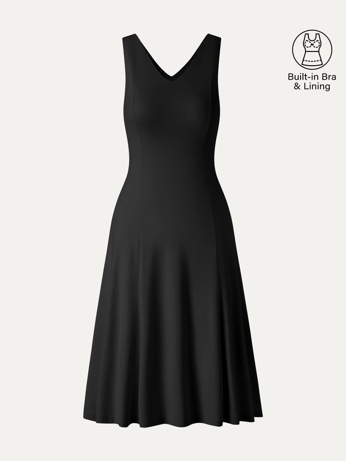 OGLmove Stretch Ponte V-Neck A-Line Midi Bra Dress Black XS