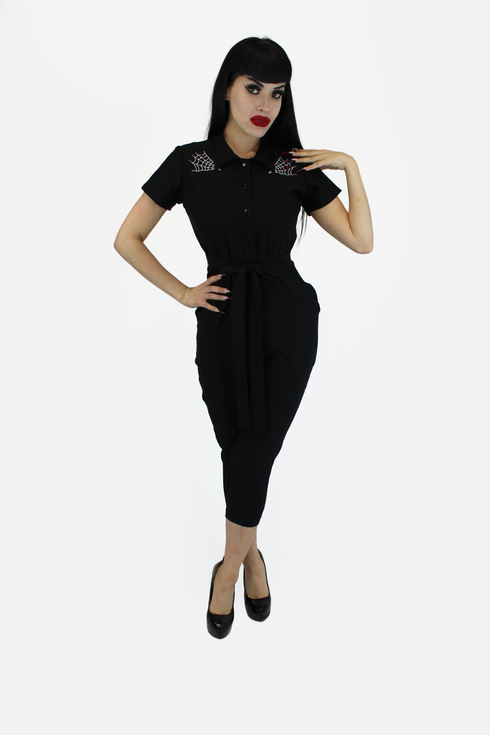 Stretchy Capri Pin Up Spiderwebs Jumpsuit, Halloween Betty Goth One Piece Black Play Suit XS-3XL