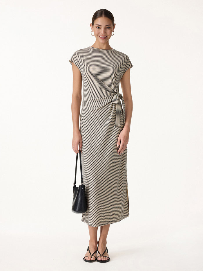 OGLmove Striped Relaxed Midi Dress with Self-Tie